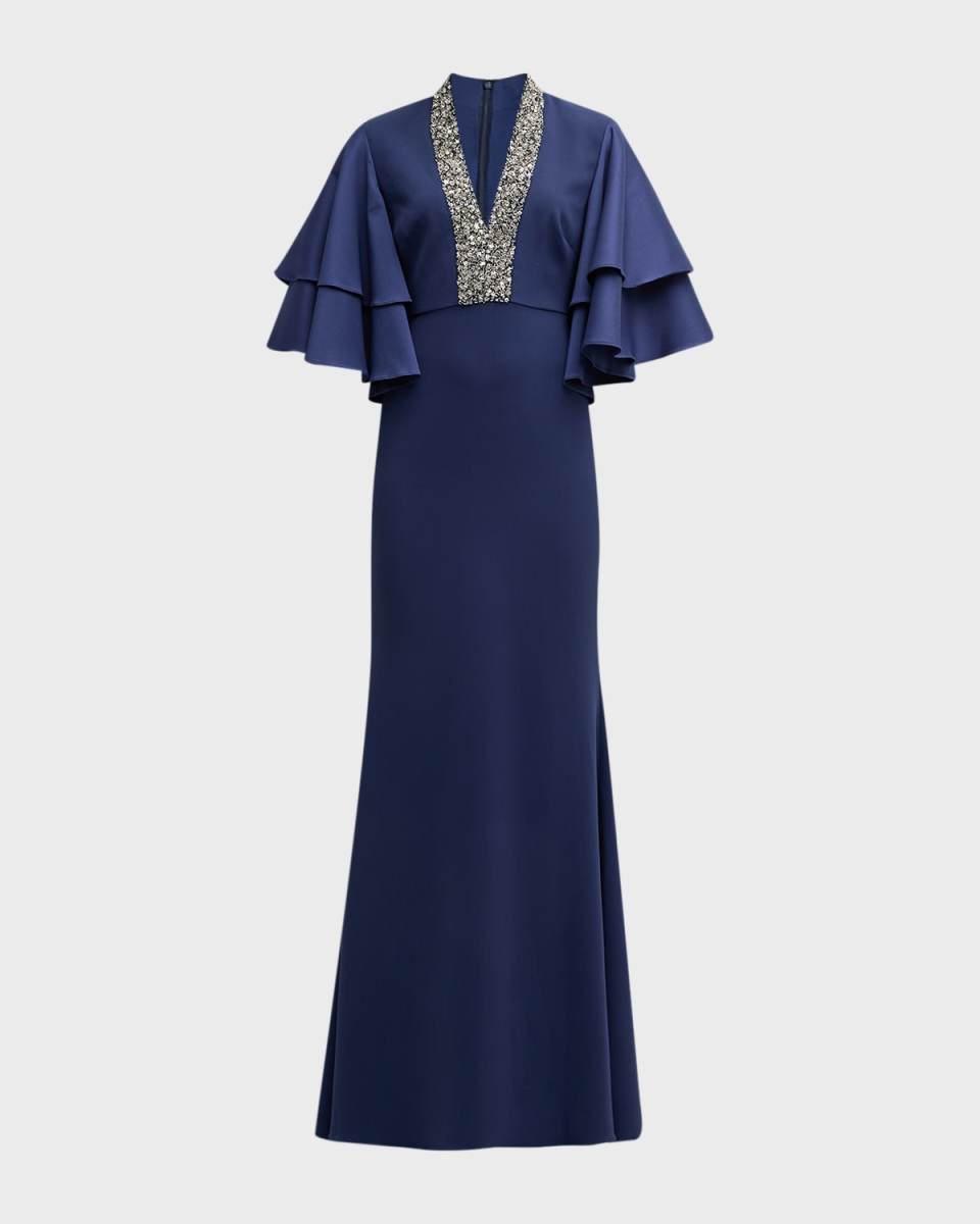 Jewel-Embellished Tiered-Sleeve Gown